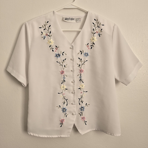 Yves St. Clair Vintage White Blouse Embroidered Floral Size 10 #231 - Picture 1 of 5